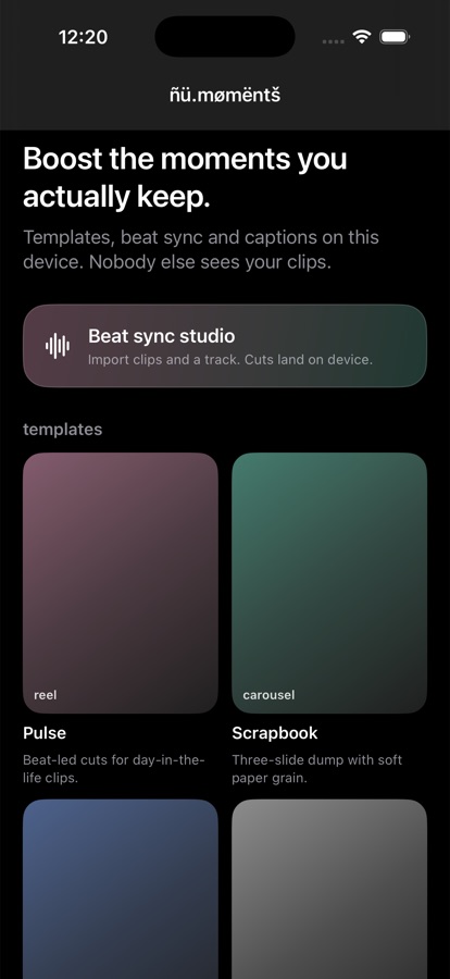 ñü.mømëntš home screen with the template catalogue